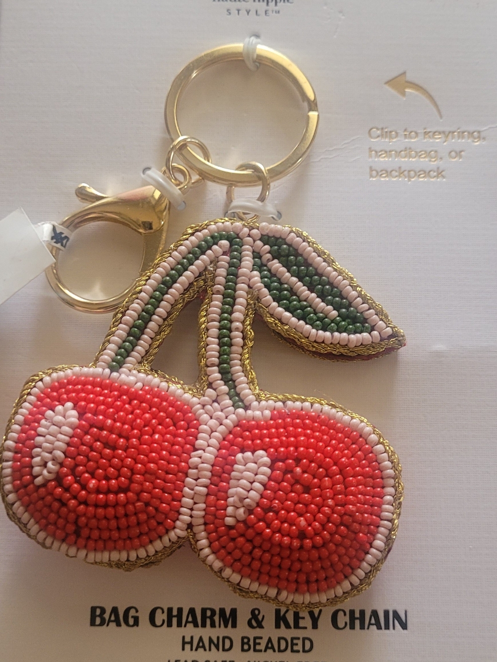 NEW Red Cherry Beaded Bag Charm with Green Leaf